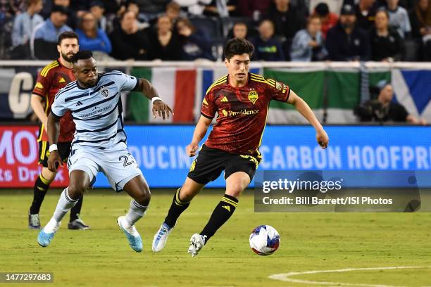 Josh Atencio of Seattle Sounders FC with the ball during a game between Seattle Sounders FC and Sporting Kansas City at Children's Mercy Park on...