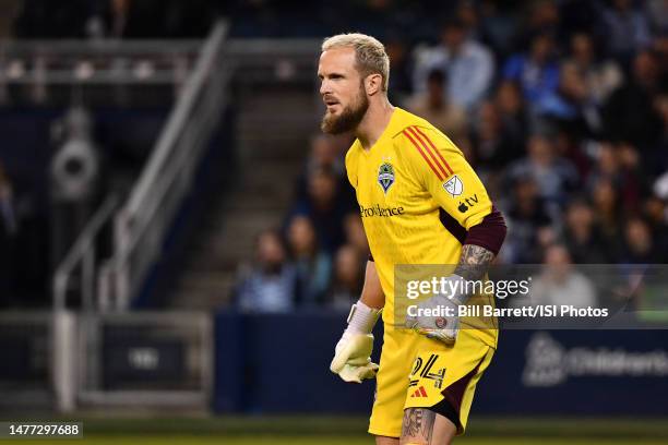 Stefan Frei of Seattle Sounders FC during a game between Seattle Sounders FC and Sporting Kansas City at Children's Mercy Park on March 25, 2023 in...