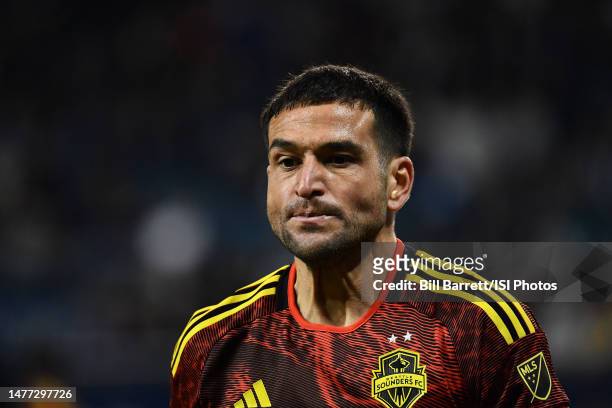 Nico Lodeiro of Seattle Sounders FC during a game between Seattle Sounders FC and Sporting Kansas City at Children's Mercy Park on March 25, 2023 in...
