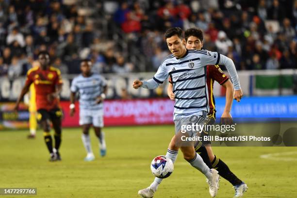 Daniel Salloi of Sporting Kansas City with the ball during a game between Seattle Sounders FC and Sporting Kansas City at Children's Mercy Park on...