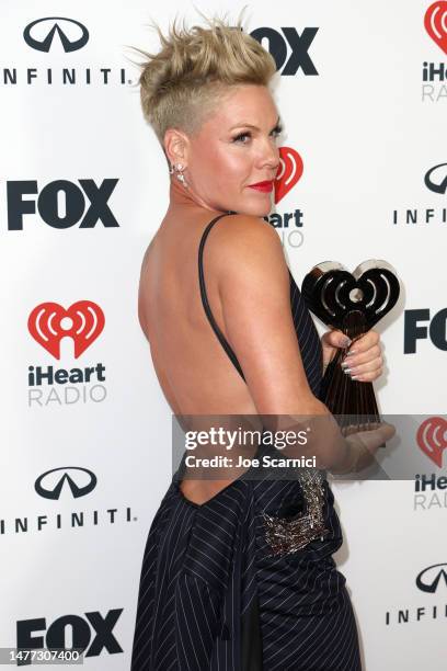 Winner of the iHeartRadio Icon Award, poses in the press room during the 2023 iHeartRadio Music Awards at Dolby Theatre in Los Angeles, California on...