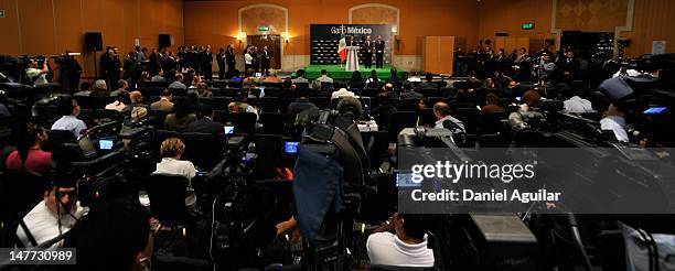 Presidential candidate Enrique Pena Nieto of the Institutional Revolutionary Party speaks during a press conference on July 2, 2012 in Mexico City,...