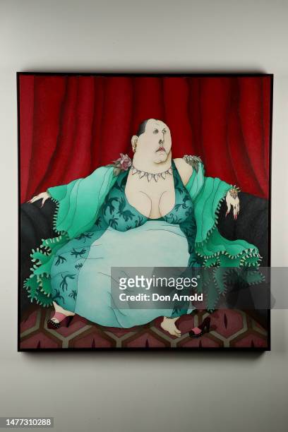 Artist Caroline Zilinsky's 2023 Archibald entry , a portrait of Drag Queen Maxi Shield titled 'Drama Queen', is seen at Nanda/Hobbs Gallery in...