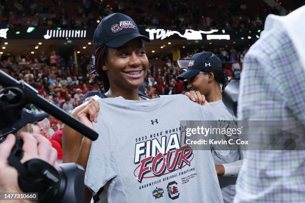 Aliyah Boston of the South Carolina Gamecocks celebrates after defeating the Maryland Terrapins 86-75 in the Elite Eight round of the NCAA Women's...