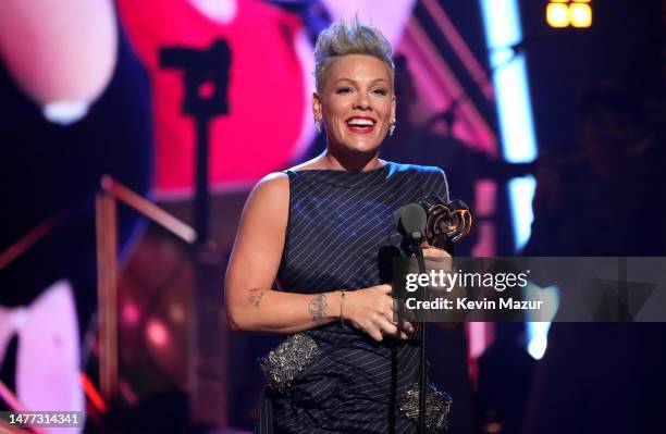 Honoree P!NK accepts the iHeartRadio Icon Award onstage during the 2023 iHeartRadio Music Awards at Dolby Theatre in Los Angeles, California on March...