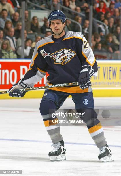 Jason York of the Nashville Predators skates against the Toronto Maple Leafs during NHL game action on February 23, 2003 at Air Canada Centre in...