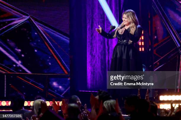 Kelly Clarkson speaks onstage during the 2023 iHeartRadio Music Awards at Dolby Theatre in Los Angeles, California on March 27, 2023. Broadcasted...