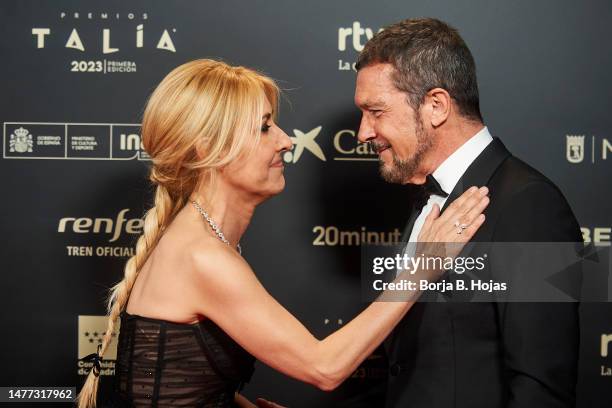 Cayetana Guillen Cuervo and Antonio Banderas attend the "Talía Awards" 2023 at Plaza de Santa Ana on March 27, 2023 in Madrid, Spain.