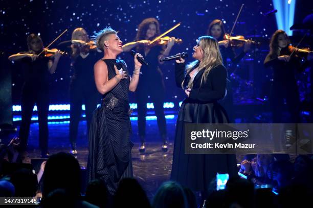 And Kelly Clarkson perform onstage during the 2023 iHeartRadio Music Awards at Dolby Theatre in Los Angeles, California on March 27, 2023....