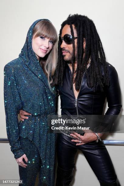 Taylor Swift and host Lenny Kravitz attend the 2023 iHeartRadio Music Awards at Dolby Theatre in Los Angeles, California on March 27, 2023....