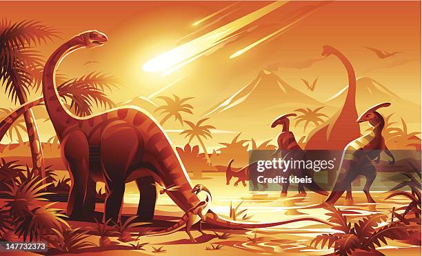 ilustraciones, imágenes clip art, dibujos animados e iconos de stock de dinosaur extinción - día del juicio final