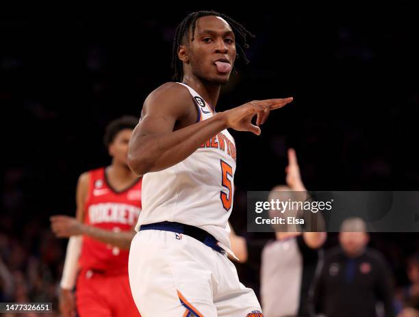 Immanuel Quickley of the New York Knicks celebrates his three point shot in the fourth quarter against the New York Knicks at Madison Square Garden...