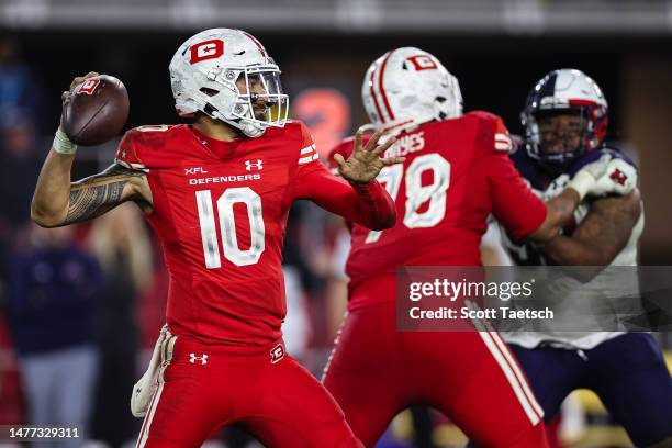 Jordan Ta'amu of the DC Defenders attempts a pass against the Houston Roughnecks during the second half of the XFL game at Audi Field on March 27,...