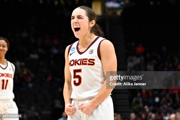 Georgia Amoore of the Virginia Tech Hokies reacts during the fourth quarter of the game against the Ohio State Buckeyes in the Elite Eight round of...