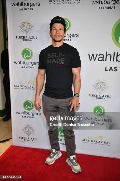 Mark Wahlberg arrives at the grand opening of Whalburgers At Mandalay Bay Resort And Casino on March 27, 2023 in Las Vegas, Nevada.