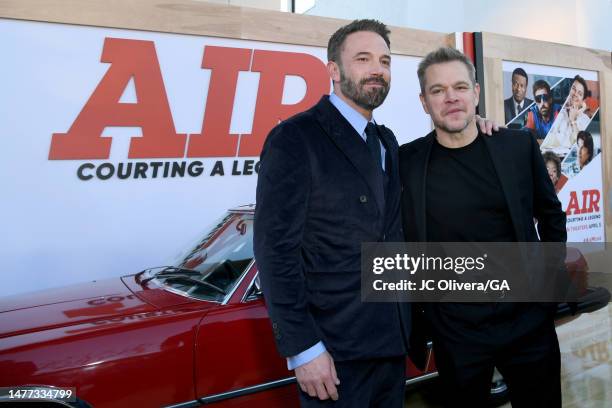 Ben Affleck and Matt Damon attend Amazon Studios' World Premiere Of "AIR" at Regency Village Theatre on March 27, 2023 in Los Angeles, California.