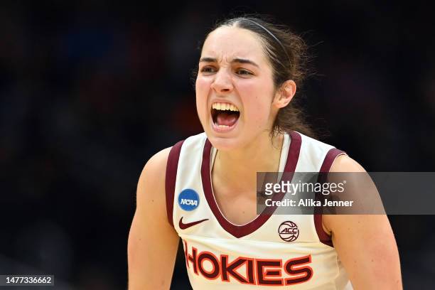 Georgia Amoore of the Virginia Tech Hokies reacts during the fourth quarter against the Ohio State Buckeyes in the Elite Eight round of the NCAA...