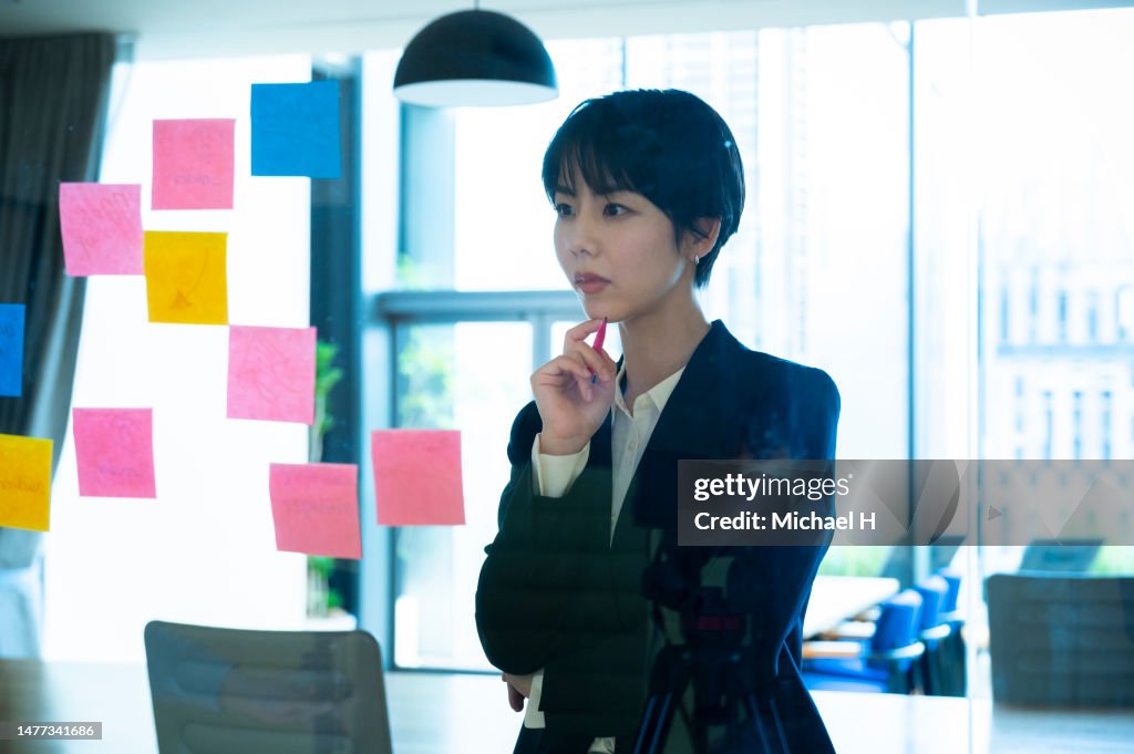 Businesswoman having a workshop on marketing strategy in office.
Ideas on glass wall with adhesive notes