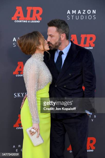 Jennifer Lopez and Ben Affleck attend Amazon Studios' World Premiere Of "AIR" at Regency Village Theatre on March 27, 2023 in Los Angeles, California.