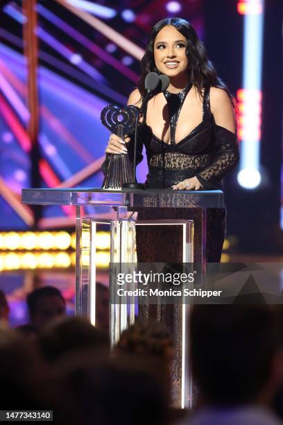 Becky G accepts the Latin Pop/Reggaeton Song Of The Year award for “MAMIII” onstage during the 2023 iHeartRadio Music Awards at Dolby Theatre on...