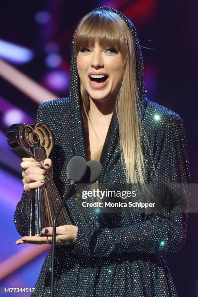 Honoree Taylor Swift accepts the iHeartRadio Innovator Award onstage during the 2023 iHeartRadio Music Awards at Dolby Theatre on March 27, 2023 in...