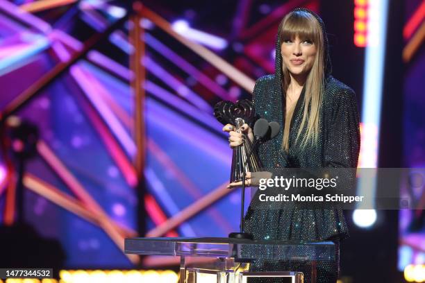 Honoree Taylor Swift accepts the iHeartRadio Innovator Award onstage during the 2023 iHeartRadio Music Awards at Dolby Theatre on March 27, 2023 in...