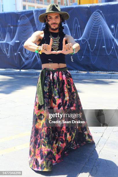 Wailly Compres Henriquez of New York poses wearing a vintage metal necklace and multicolored skirt from Oaxaca, Mexico during Miami Music Week at the...