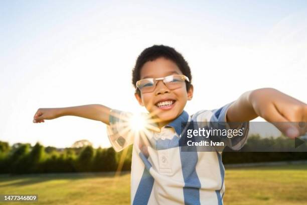 smiling asian teenage boy  open the arm in outdoor grass field, wear the eyeglasses, toward the camera against backligting and blue sky - open arms stock-fotos und bilder
