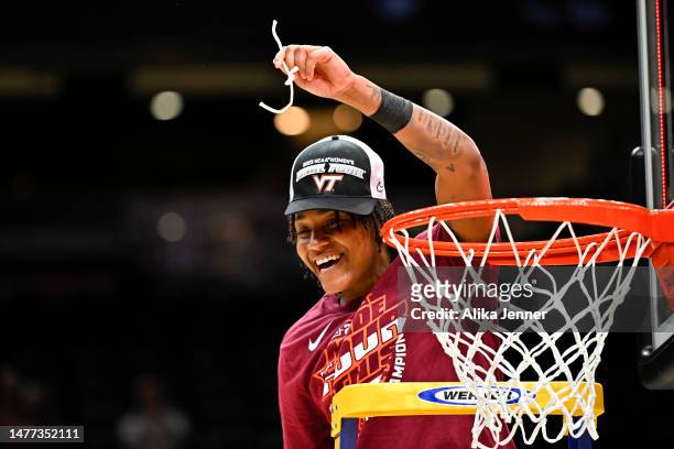 Taylor Soule of the Virginia Tech Hokies celebrates after defeating the Ohio State Buckeyes 84-74 in the Elite Eight round of the NCAA Women's...