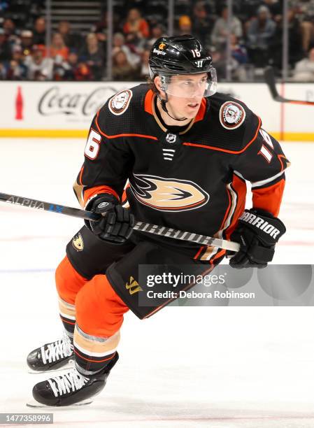 Ryan Strome of the Anaheim Ducks skates on ice during the third period against the Colorado Avalanche at Honda Center on March 27, 2023 in Anaheim,...