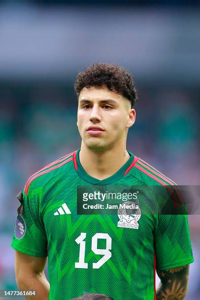 Jorge Sanchez of Mexico looks on during the national anthems prior to the match between Mexico and Jamaica as part of the CONCACAF Nations League at...