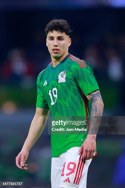 Jorge Sanchez of Mexico looks on during the match between Mexico and Jamaica as part of the CONCACAF Nations League at Azteca on March 26, 2023 in...