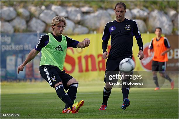 Lucas Biglia and Milan Jovanovic of RSC Anderlecht in action during the first day of the summer training camp, on July 2, 2012 in Saalfelden, Austria.