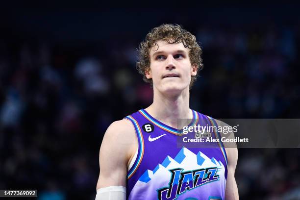 Lauri Markkanen of the Utah Jazz in action during the second half of a game against the Phoenix Suns at Vivint Arena on March 27, 2023 in Salt Lake...