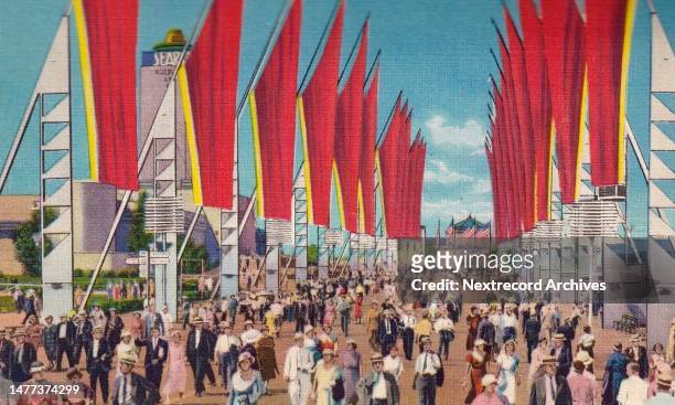 Vintage illustrated souvenir photo postcard published in 1933 depicting the vibrant landscape of the Chicago World's Fair of 1933, here the Avenue of...