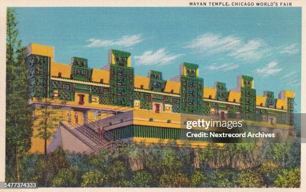 Vintage illustrated souvenir photo postcard published in 1933 depicting the vibrant landscape of the Chicago World's Fair of 1933, here the Mayan...