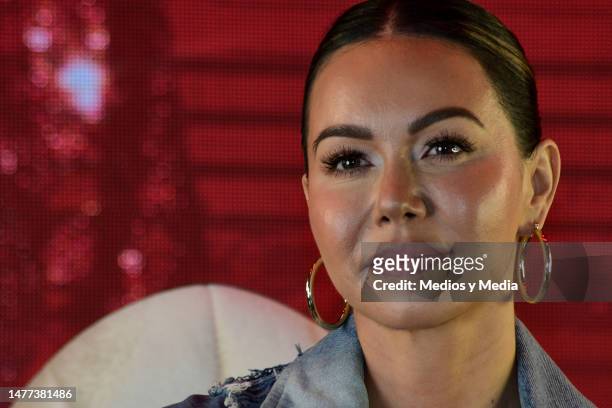 Singer Chiquis Rivera attends during a press conference at Universal Music on March 27, 2023 in Mexico City, Mexico.