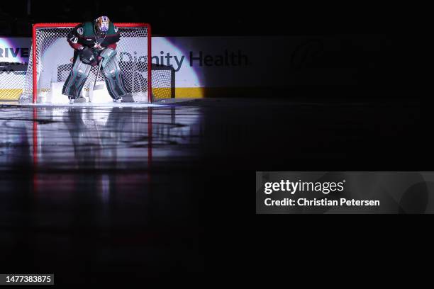 Goaltender Karel Vejmelka of the Arizona Coyotes is introduced before the NHL game against the Edmonton Oilers at Mullett Arena on March 27, 2023 in...