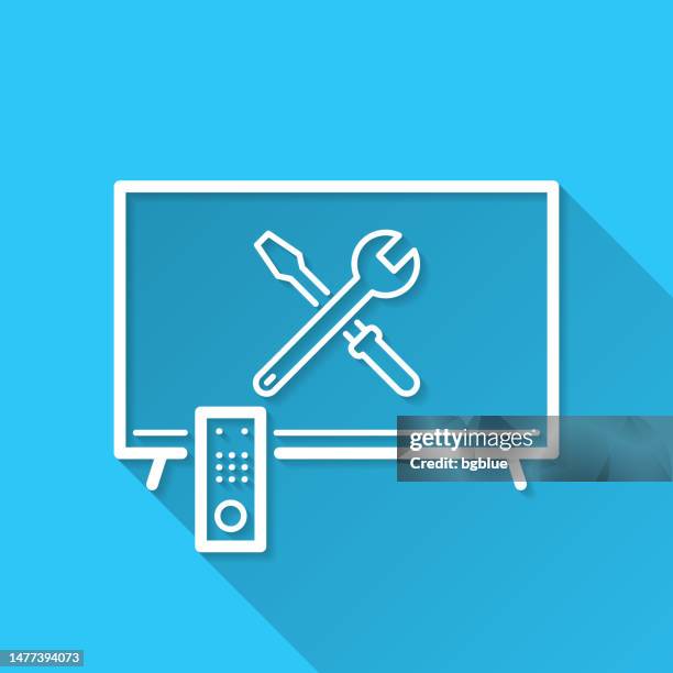 tv settings - tools. icon on blue background - flat design with long shadow - remote computer repair stock illustrations