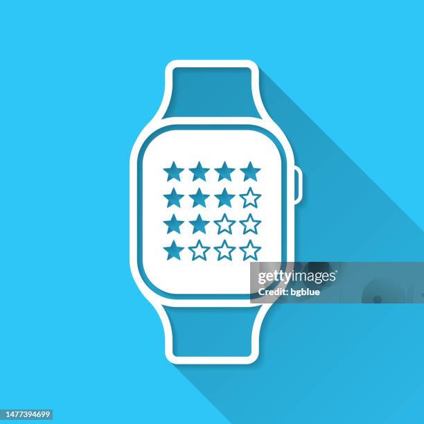 smartwatch with star rating. icon on blue background - flat design with long shadow - checking smart watch stock illustrations