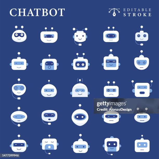 ilustrações de stock, clip art, desenhos animados e ícones de chatbot. robot icon set. artificial intelligence line icons. editable stroke. - false face