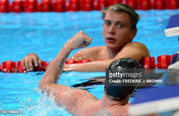 Andrew Gemmell celebrates his first place finish in the men's 1500M Freestyle final on the last day of the 2012 US Olympic Team Trials on July 2,...