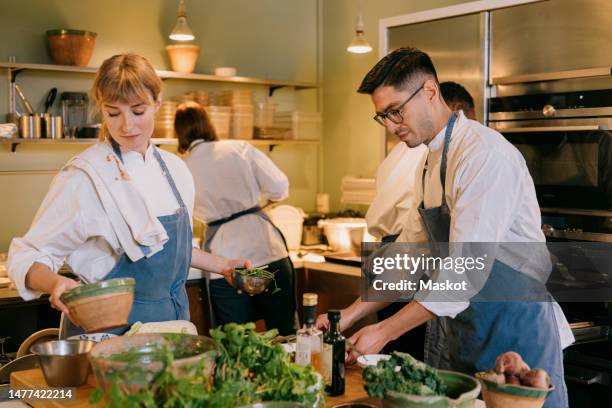 male and female chef helping each other while preparing food in commercial kitchen - uniforme de chef fotografías e imágenes de stock