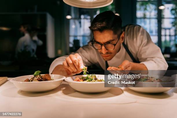 male chef plating food in plate while working in commercial kitchen - chefs stock pictures, royalty-free photos & images