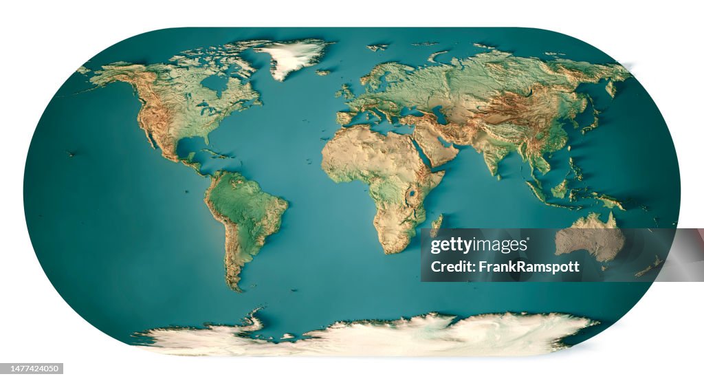 World Map Eckert III 3D Render Topographic Map Dark Ocean Color