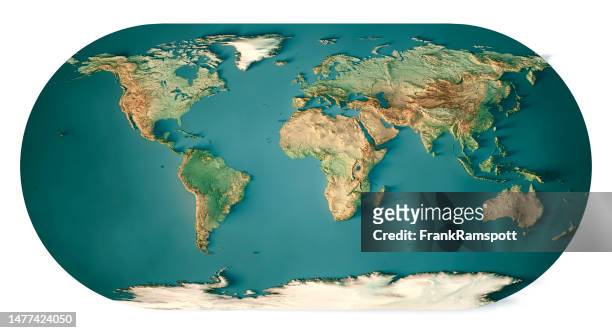 world map eckert iii 3d render topographic map dark ocean color - middle east and africa stock pictures, royalty-free photos & images