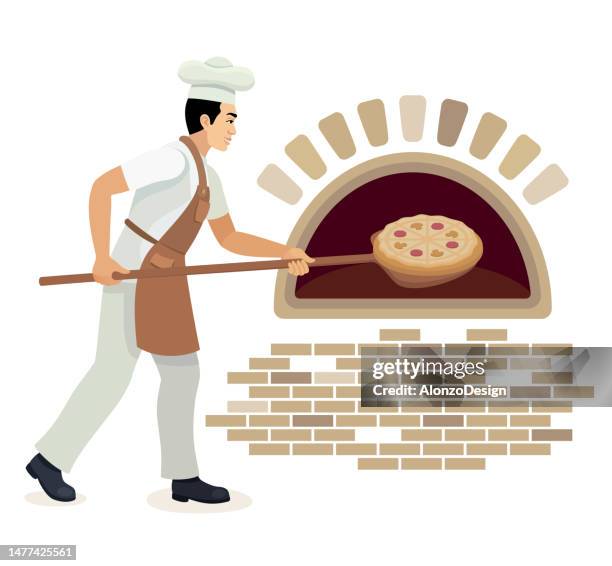 illustrations, cliparts, dessins animés et icônes de chef italien cuisinant des pizzas. - pizza oven cartoon