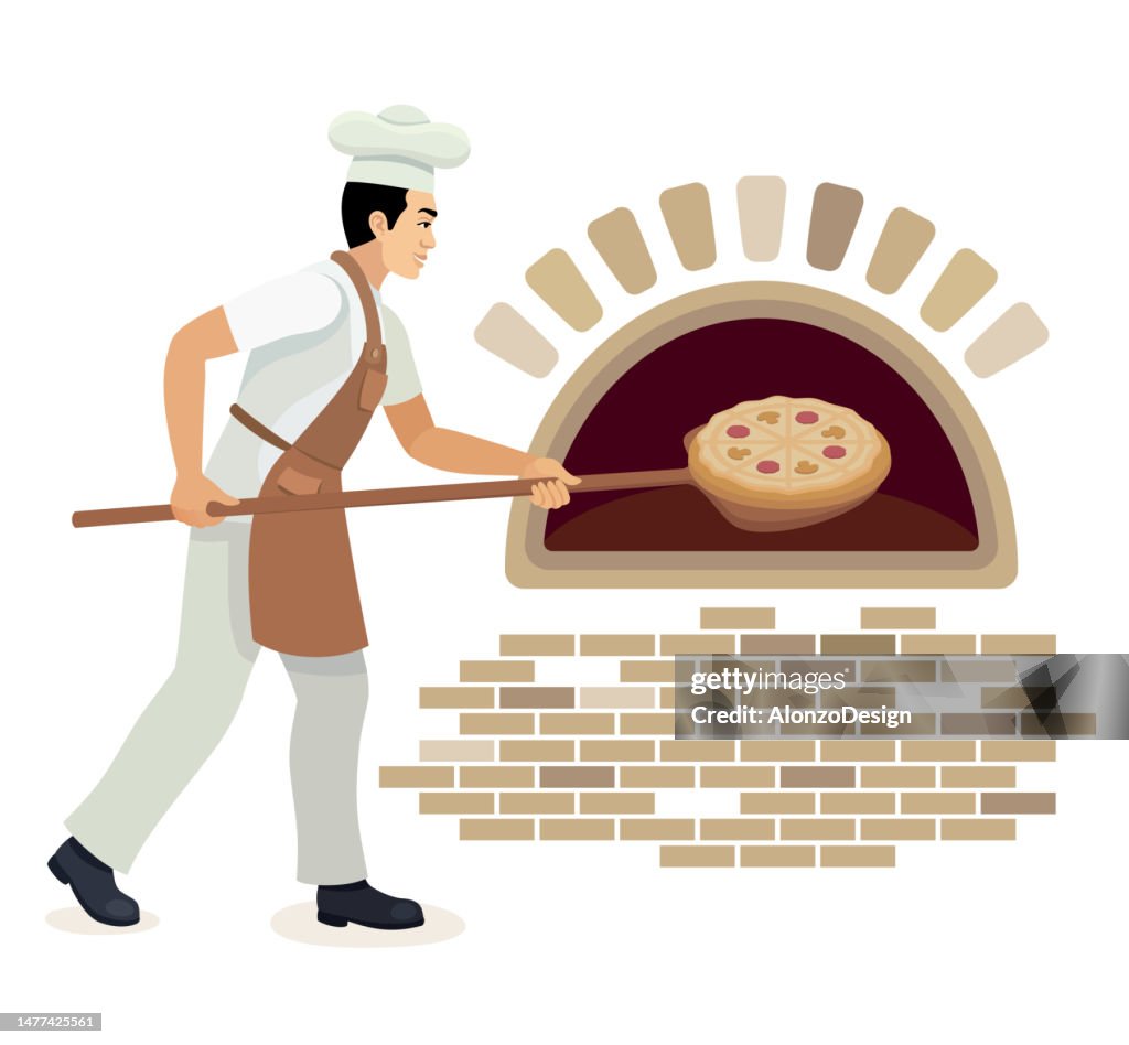 Chef italiano che cucina pizza.