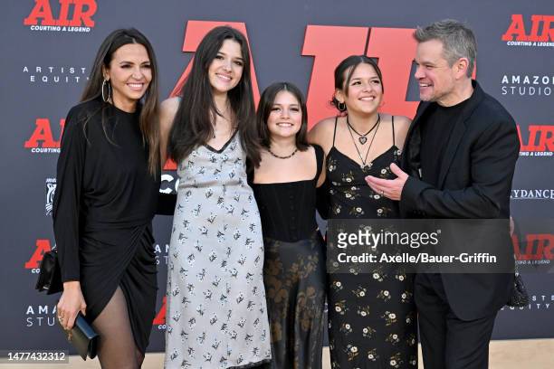 Luciana Damon, Alexia Barroso, Stella Damon, Isabella Damon, and Matt Damon attend the Amazon Studios' World Premiere of "AIR" at Regency Village...