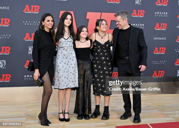 Luciana Damon, Alexia Barroso, Stella Damon, Isabella Damon, and Matt Damon attend the Amazon Studios' World Premiere of "AIR" at Regency Village...